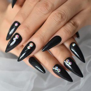 24pcs Glossy Solid Black Press on Nails 3D Shiny Holo Crystal Stiletto False